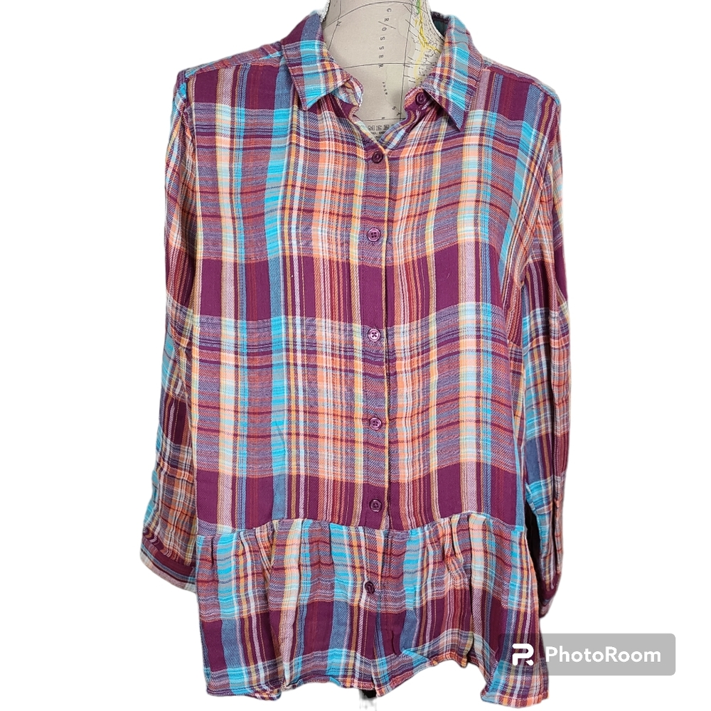 Denim 24/7 Size 22W Teal Red Plaid Long Sleeve Cotton Peplum Flannel Shirt NWT